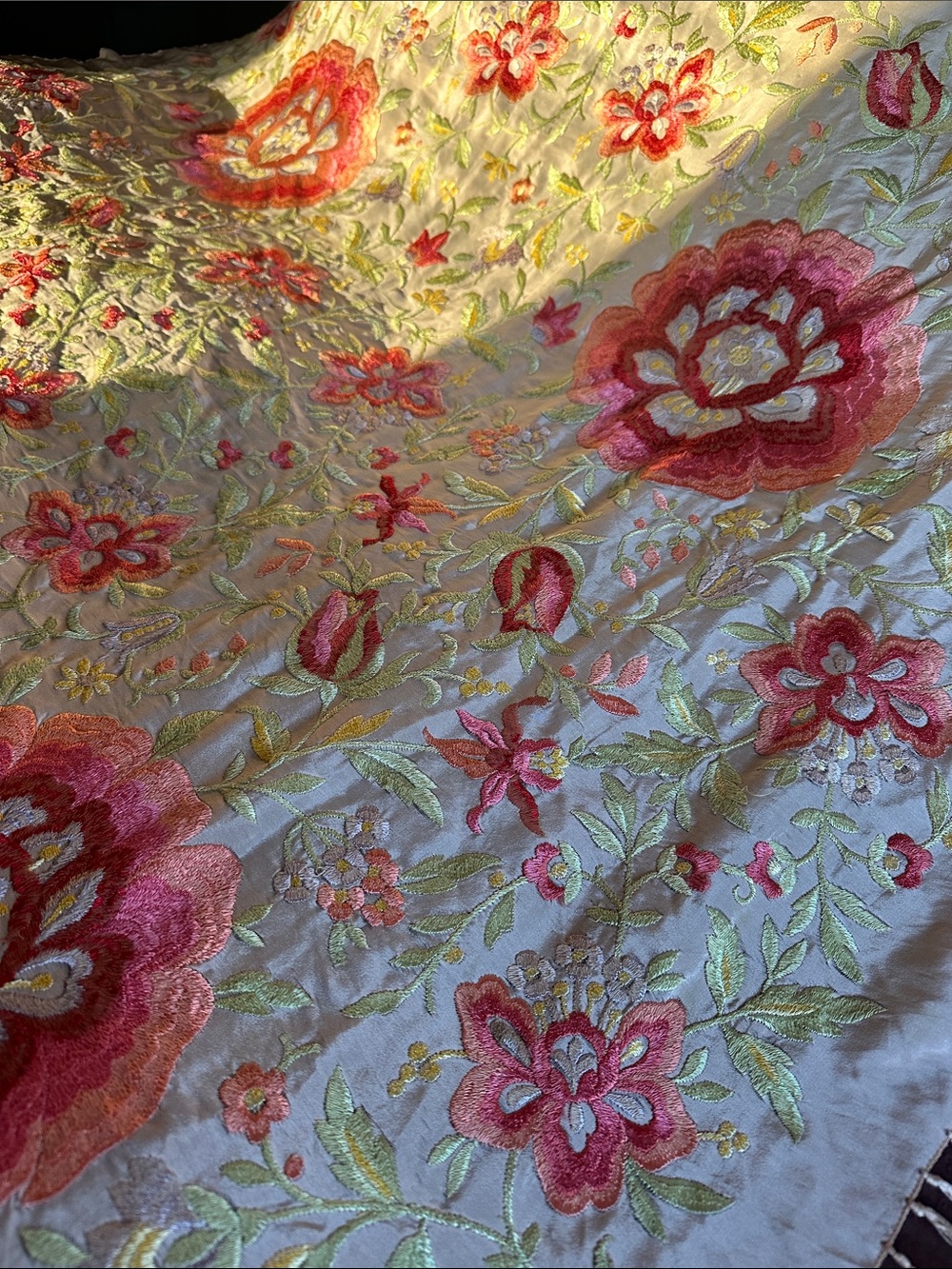 Vintage Silk Piano Shawl Hand-Embroidered Floral in Pale Pink- hot pink flowers - Picture 8 of 16